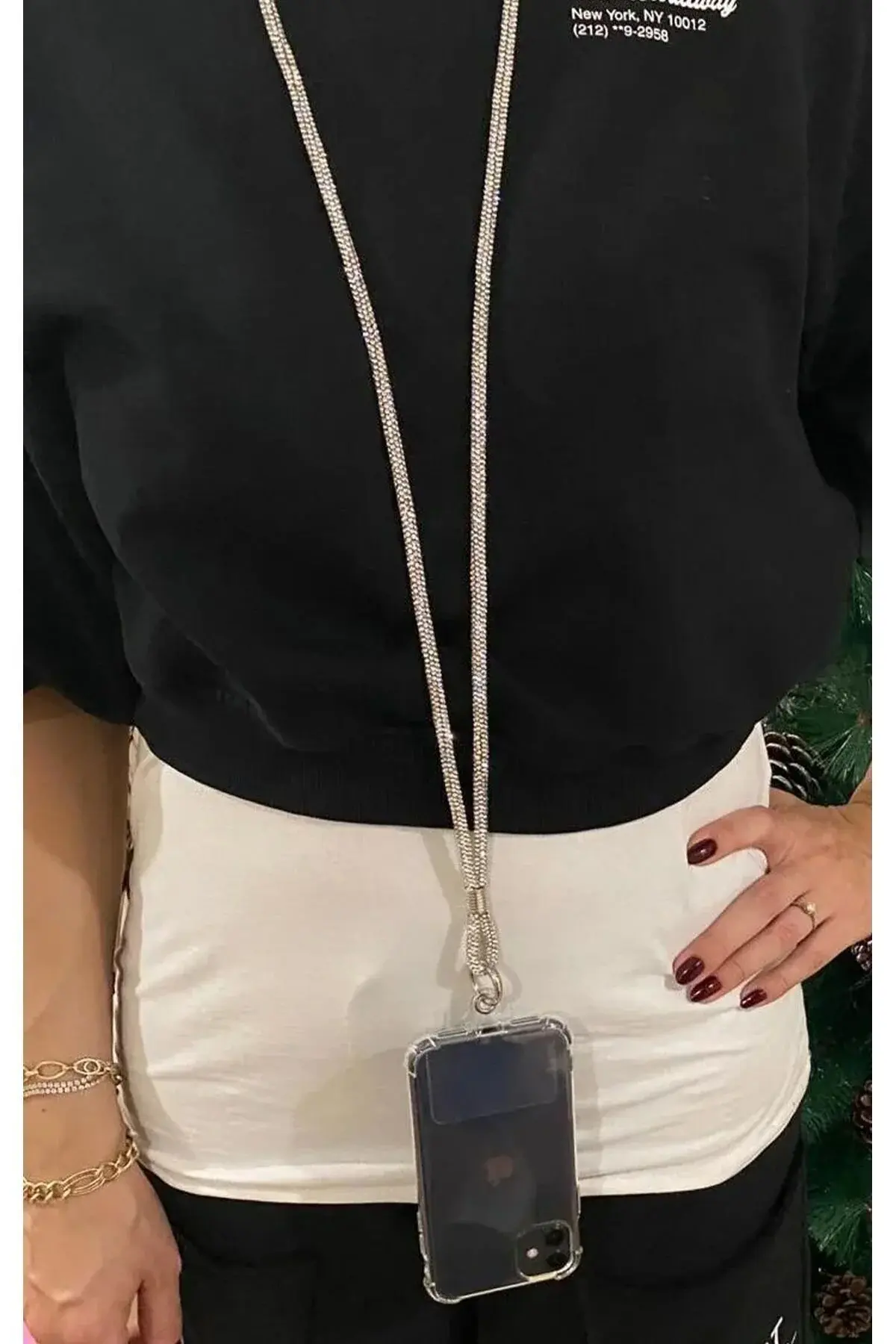 i Taşlı JanJanlı Gümüş Telefon Çapraz Boyun Askısı 130 Cm. 1 Aparat Hediyeli