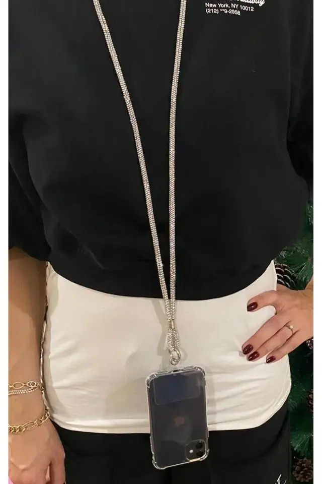 i Taşlı JanJanlı Gümüş Telefon Çapraz Boyun Askısı 130 Cm. 1 Aparat Hediyeli