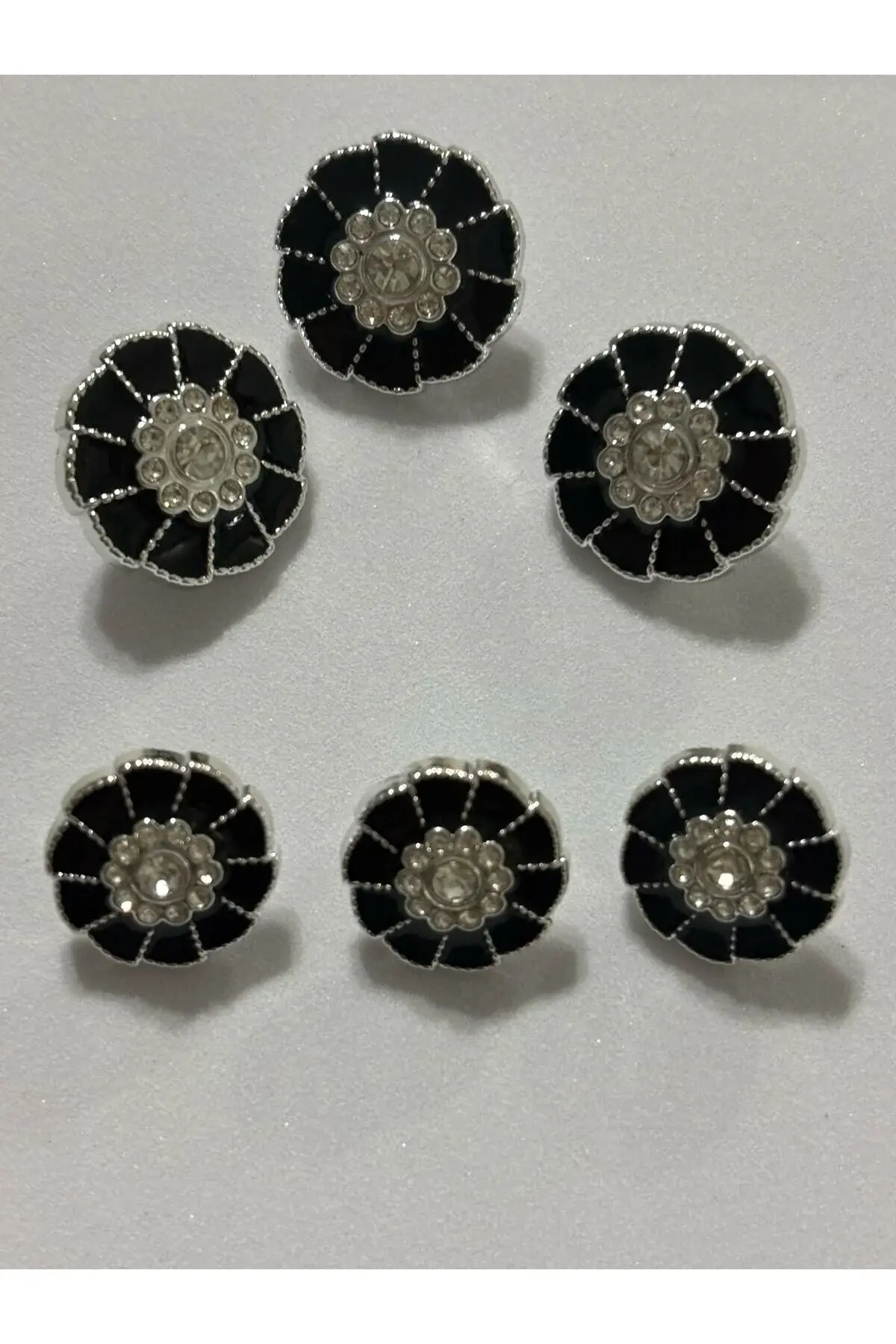 6'lı Takım 3 Büyük 2,5 cm 3 Küçük 2 cm Siyah Sedef Üstüne Taş Kaplama Tasarım Düğme BD21