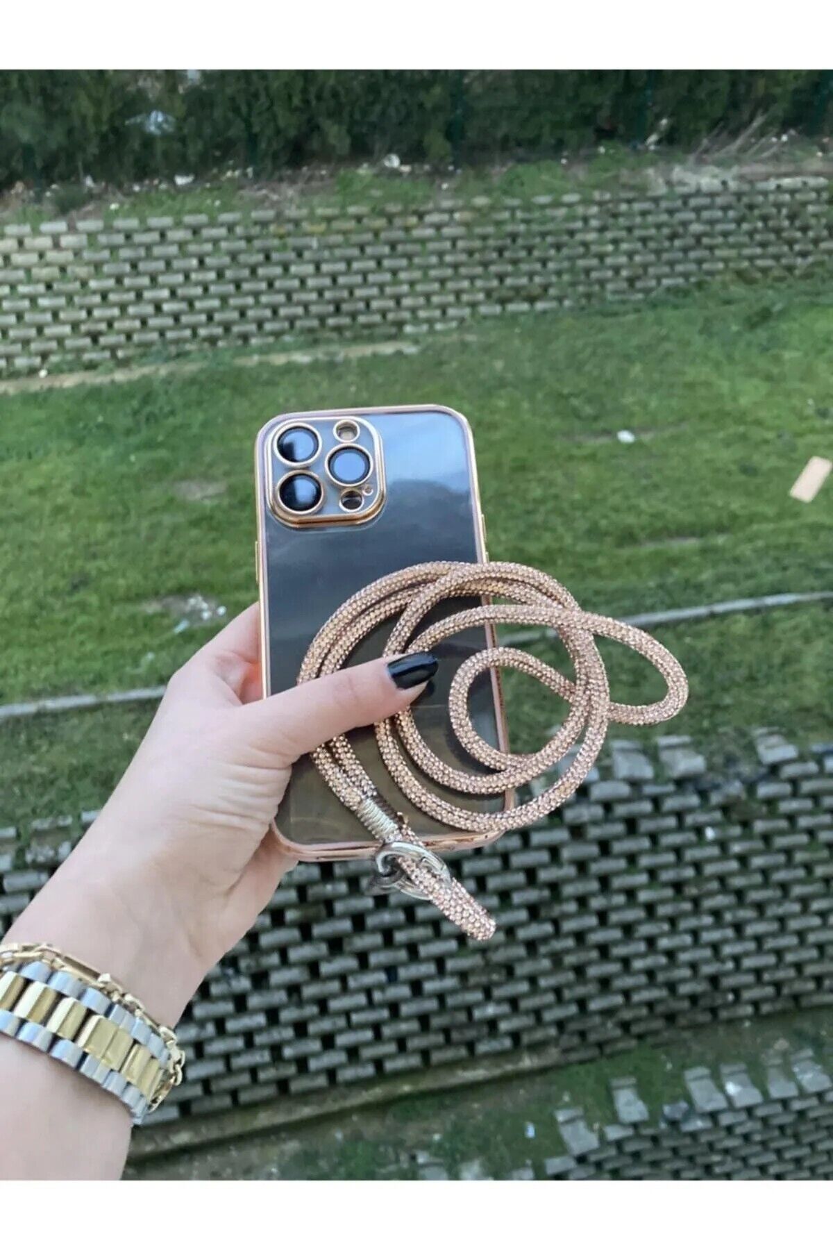 Taşlı Bronz Telefon Boyun Askısı