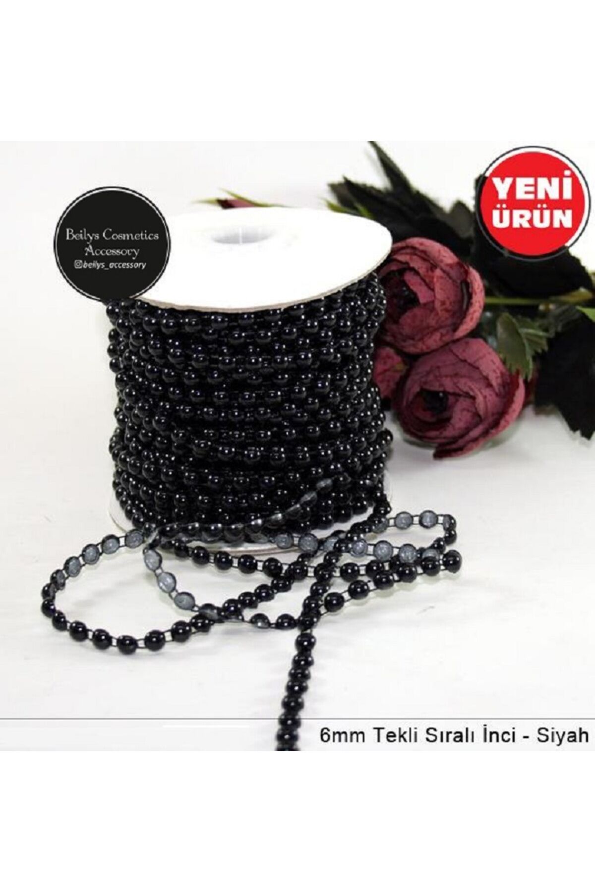 Siyah Plastik Tek Sıralı Şerit Yarım Inci 6 Mm 3 Mt.Siyah İnci Tek Sıra Aplik İnci