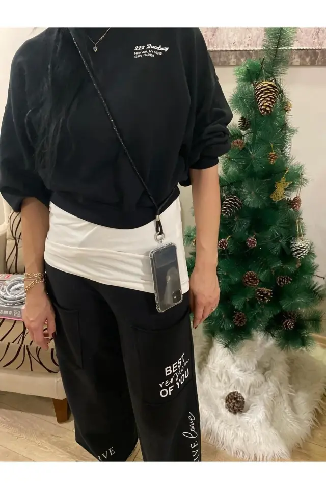 BEİLYS Taşlı Siyah Telefon Çapraz Boyun Askısı 130 cm.+1 aparat hediyeli