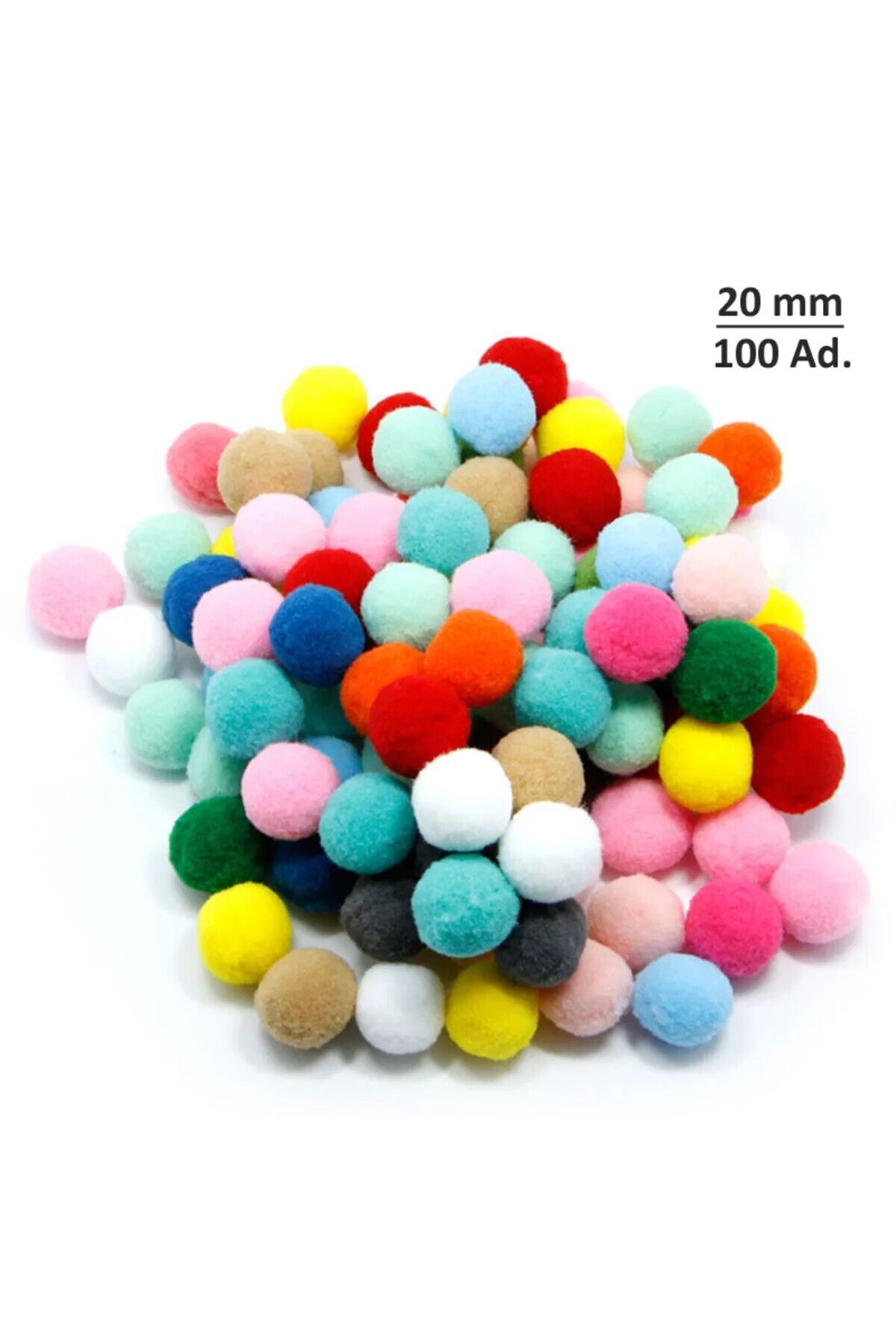 Ponpon, 20 Mm, Renkli Ponpon, Peluş Ponpon, 100 Lü Paket
