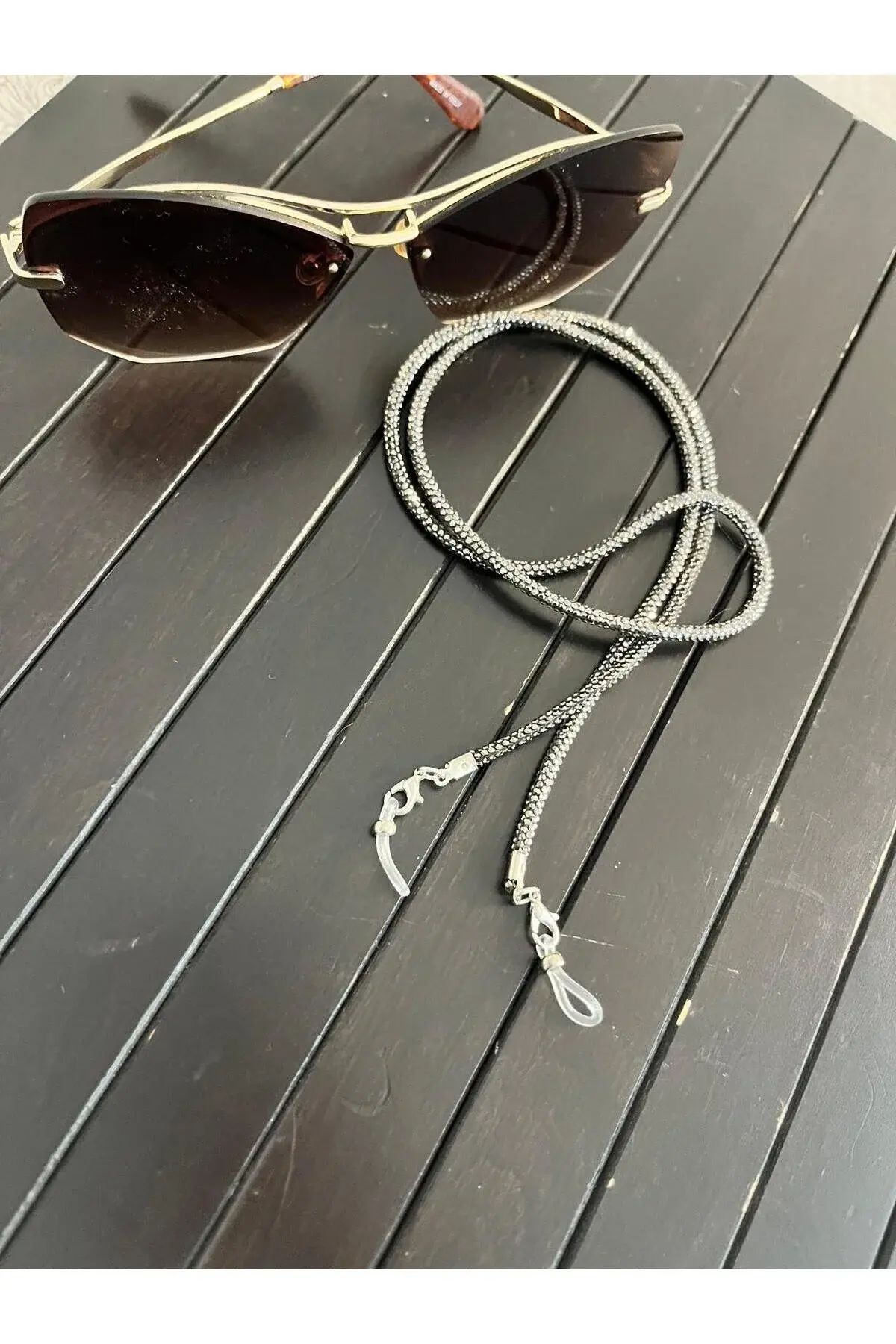 Kristal Taşlı Antrasit Gözlük Zinciri Gözlük Ipi