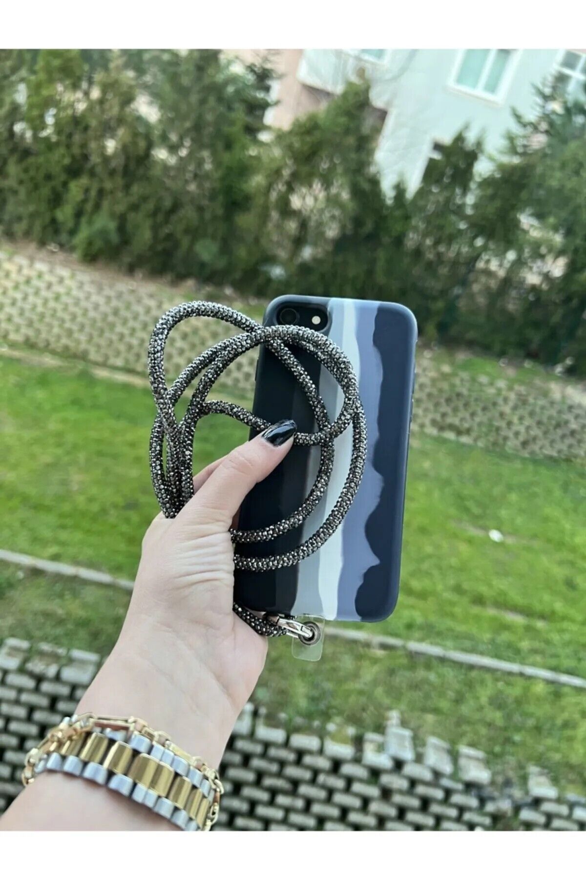 Taşlı Antrasit Telefon Boyun Askısı