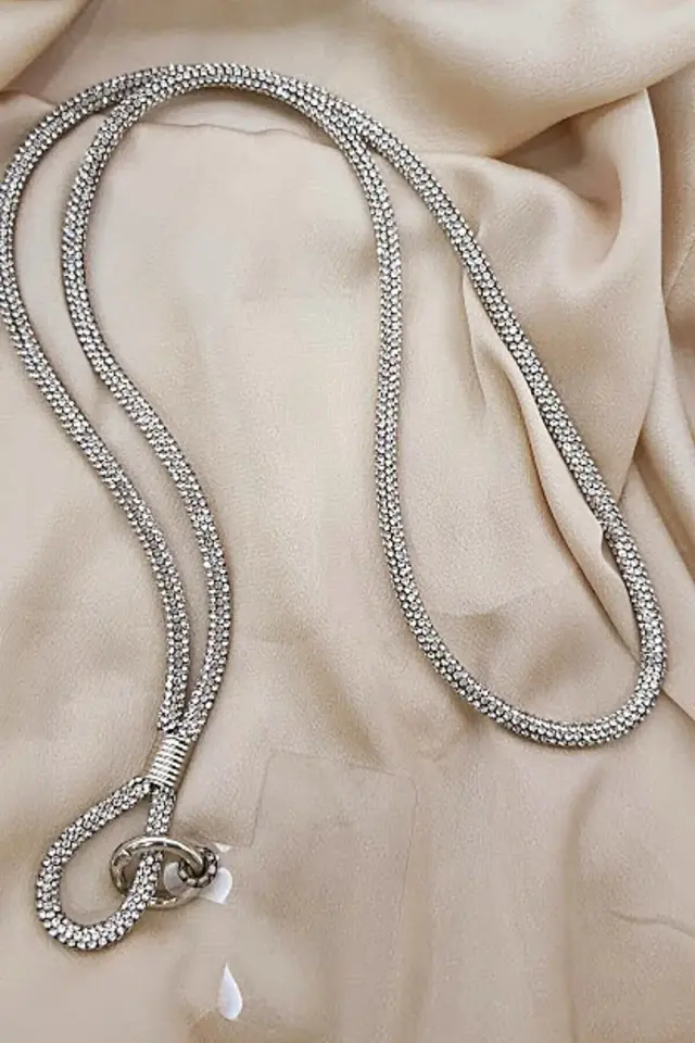 Taşlı Gümüş Uzun Telefon Boyun Askısı (75 Cm)