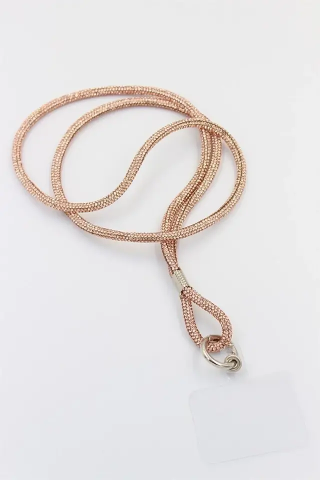 Taşlı Rose Gold Uzun Telefon Boyun Askısı (75 Cm)