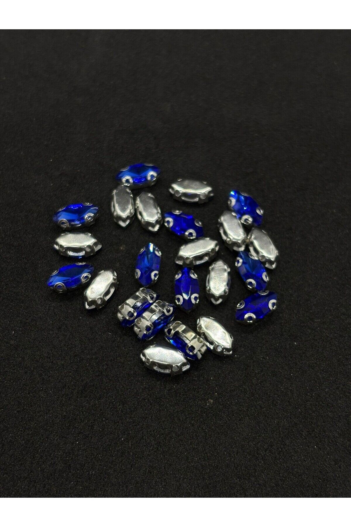 5x10 (1 CM) Mekik Kasalı Dikme Cam Taş Gümüş Kasa Mavi Taş 50 Adet