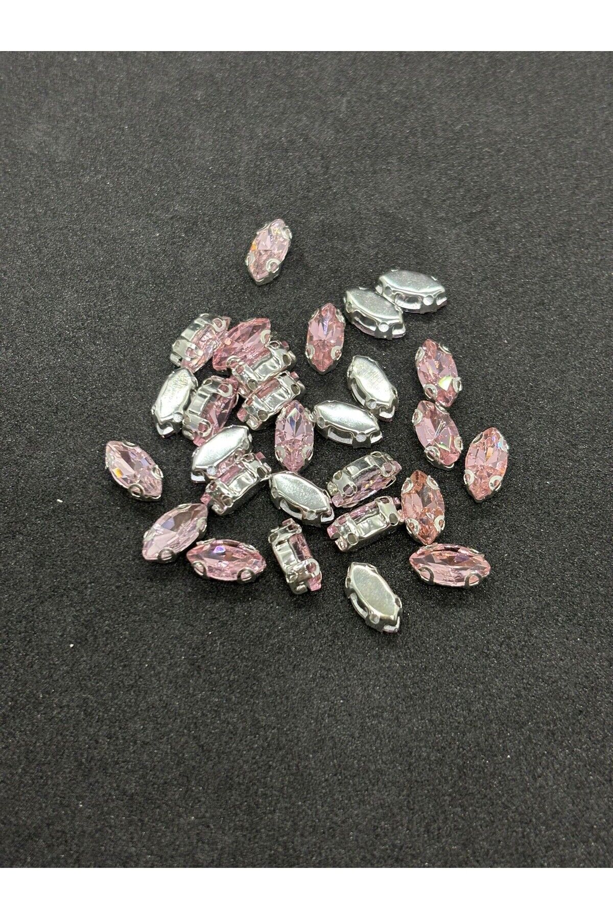 5x10 (1 CM) Mekik Kasalı Dikme Cam Taş Gümüş Kasa Pembe Taş 50 Adet