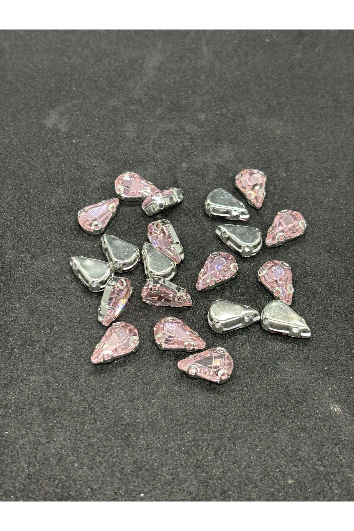 8x13 (1.3CM) Damla/Armut Kasalı Dikme Cam Taş Gümüş Kasa Pembe Taş 50 Adet