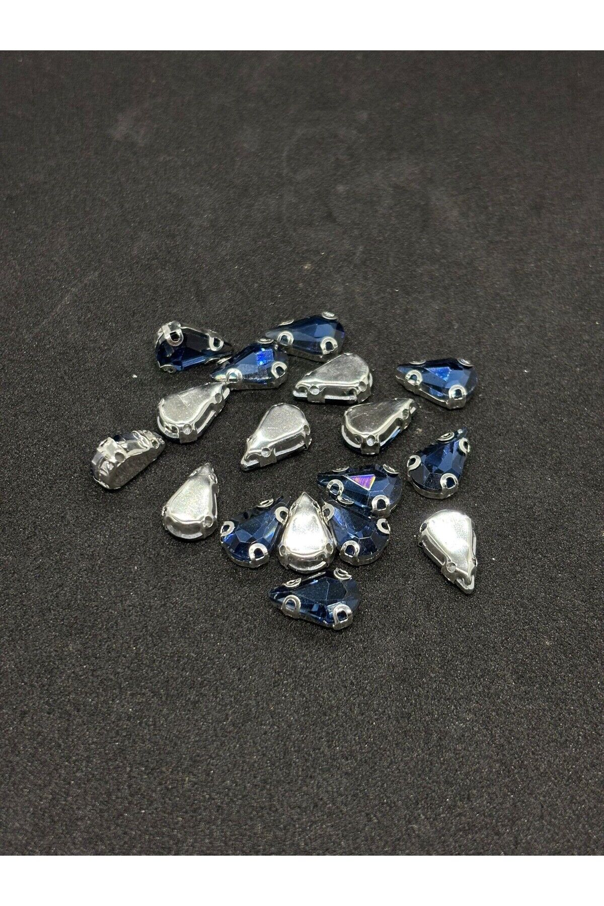 8x13 (1.3CM) Damla/Armut Kasalı Dikme Cam Taş Gümüş Kasa Koyu Mavi Taş 50 Adet