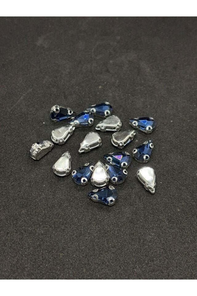 8x13 (1.3CM) Damla/Armut Kasalı Dikme Cam Taş Gümüş Kasa Koyu Mavi Taş 50 Adet