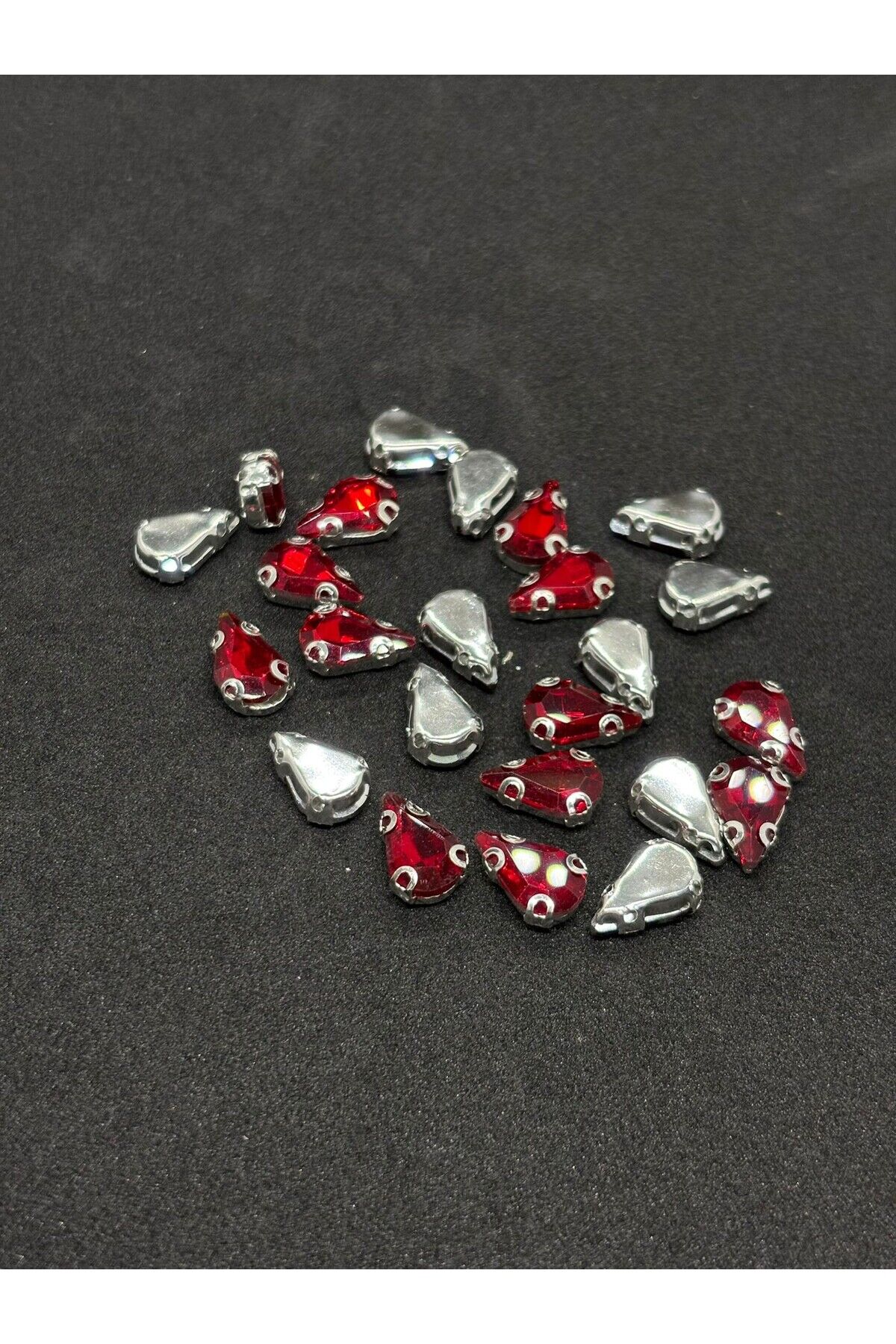 8x13 (1.3CM) Damla/Armut Kasalı Dikme Cam Taş Gümüş Kasa Kırmızı Taş 50 Adet