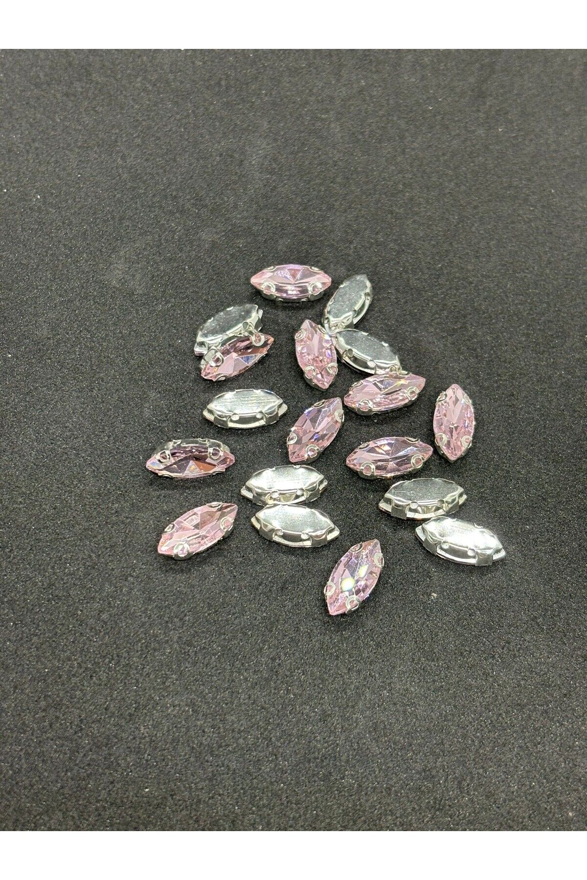 7x15(1.5 Cm) Mekik Kasalı Dikme Cam Taş 50 Adet Gümüş Kasa Pembe Cam Taş