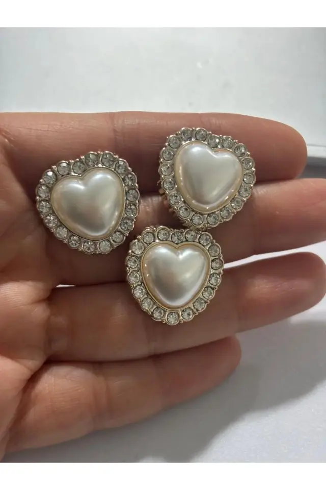 3 lü Gold Yansımalı Taş Kaplama İnci Kalp Düğme Özel Tasarım Düğme 2,5cm.(BD16)