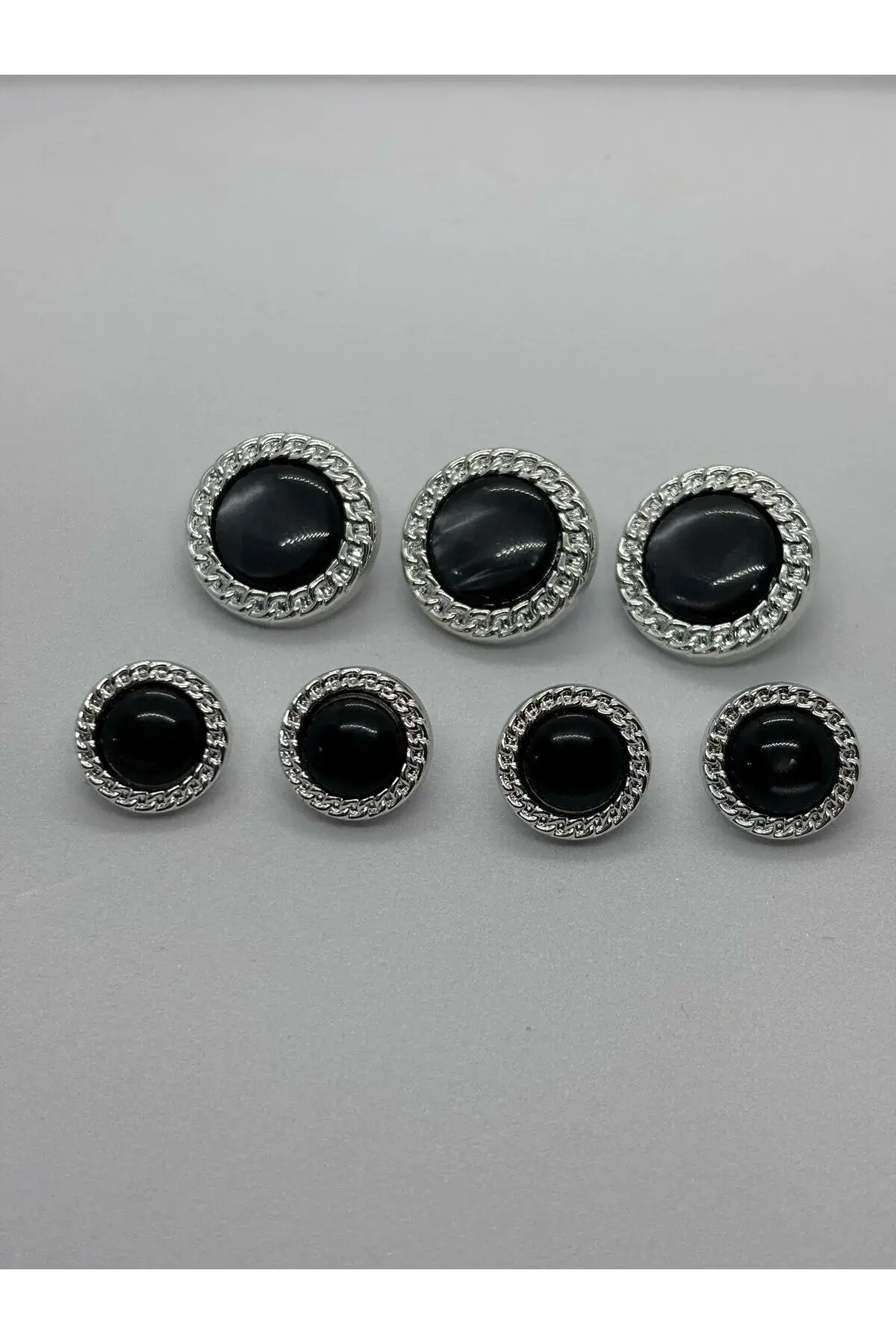 Siyah Sedef Düğme Gümüş Kıvrımlı Çerçeveli 3 Büyük 4 Küçük Takım Düğme (BD08)