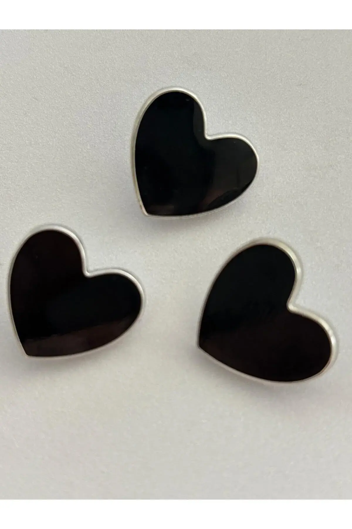 3 Adet Gümüş Çerçeveli Siyah Sedef Kalp Düğme Özel Tasarım Düğme 2 cm(BD07)