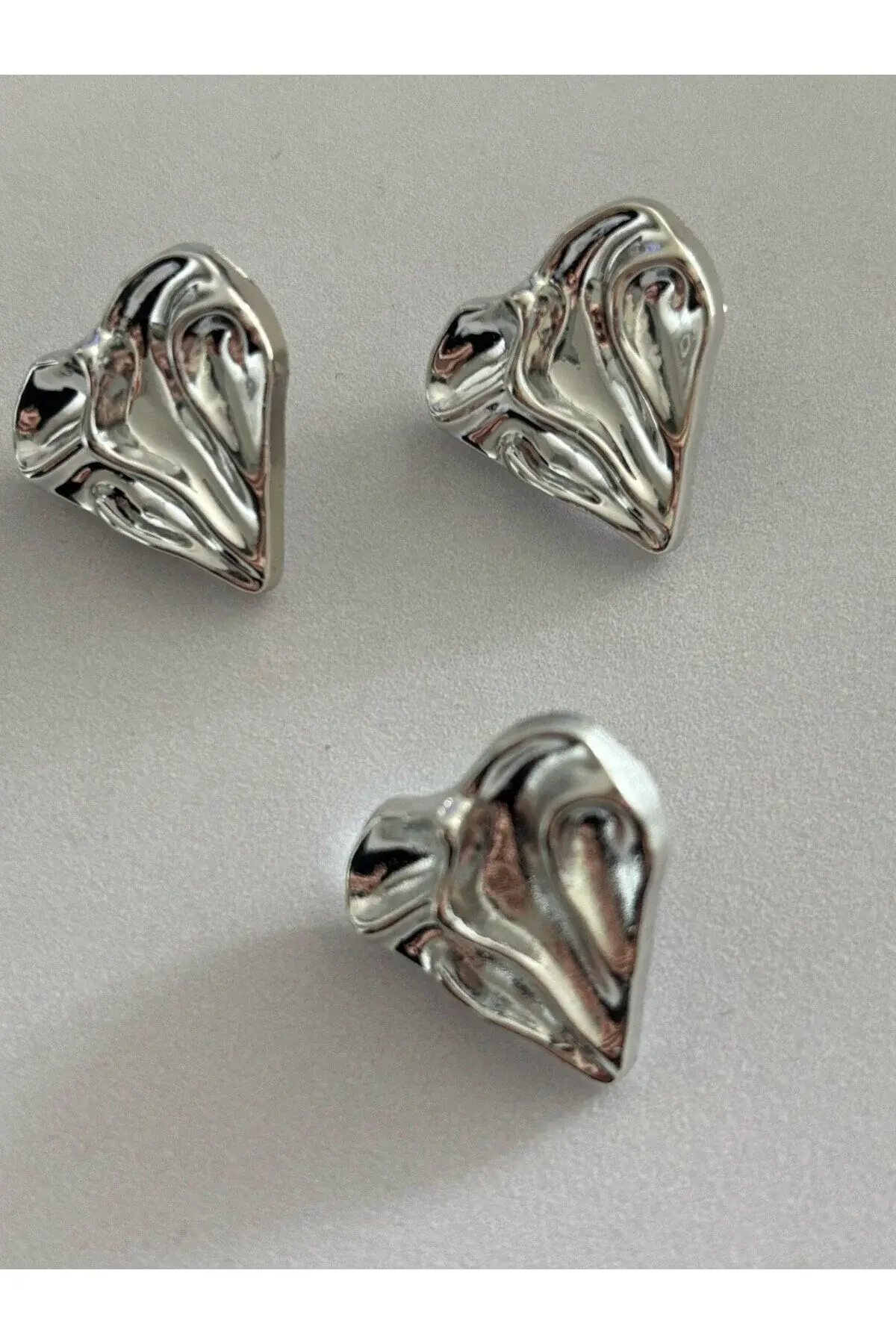 3 Adet Gümüş Kalp Düğme Buruşuk Kıvrımlı Özel Tasarım Düğme 2 cm(BD06)