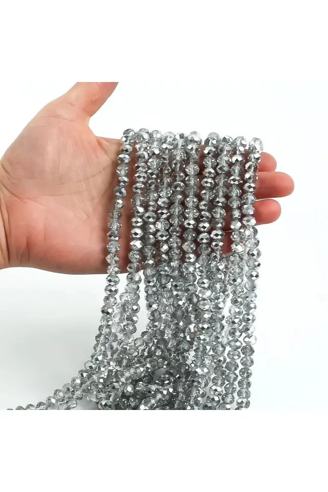 10 Dizi (650-700 adet arası)8 mm Yassı Kristal Cam Boncuk Dizisi Şeffaf Janjanlı Gümüş Renk 1.Kalite