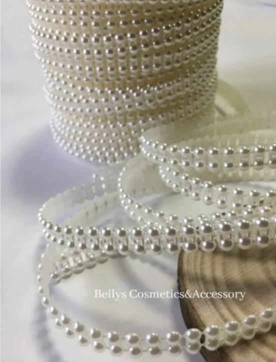 4 Mm Çift Sıralı Şerit Yarım İnci Boncuk, 5 Metre Krem Renk Şerit Yarım İnci Plastik Boncuk