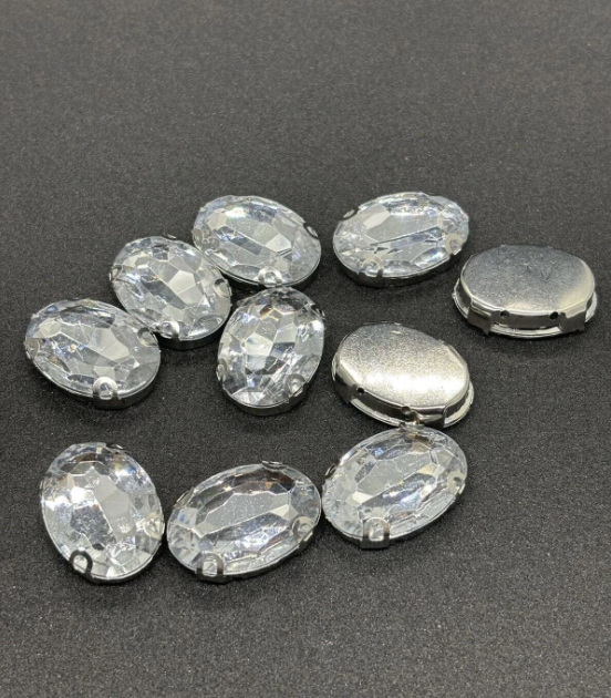 10x14 Mm Oval Gümüş Kasa Beyaz Kristal Taş Kasalı Dikme Taş (50 ADET)