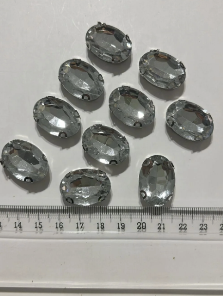 18x25 mm Oval Gümüş Kasa Beyaz Kristal Kasalı Dikme Taş (10 Adet)