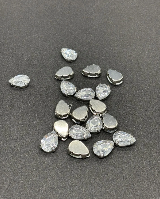 10x14 mm Damla Gümüş Kasa Beyaz Kristal Taş Kasalı Dikme Taş (20 Adet)
