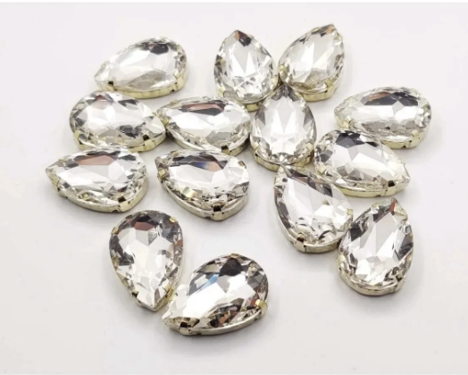 18x25 (2.5 CM) Gümüş Kasalı Dikme Damla Taş Beyaz Kristal 10 Adet