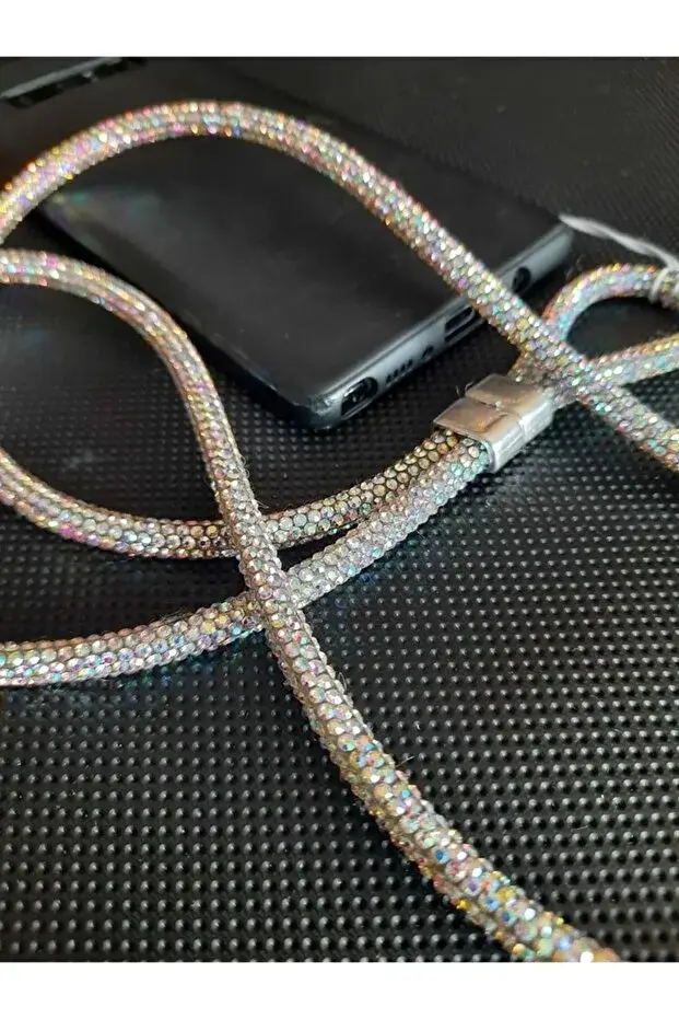 Parlak Svarowski Taşlı Gümüş Rengi Telefon Askısı 50 Cm