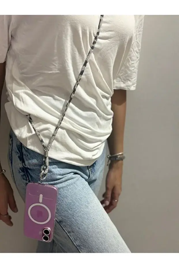 Leopar Desenli Telefon Çapraz Boyun Askısı, 130 cm, Kahverengi Renkli. Siyah