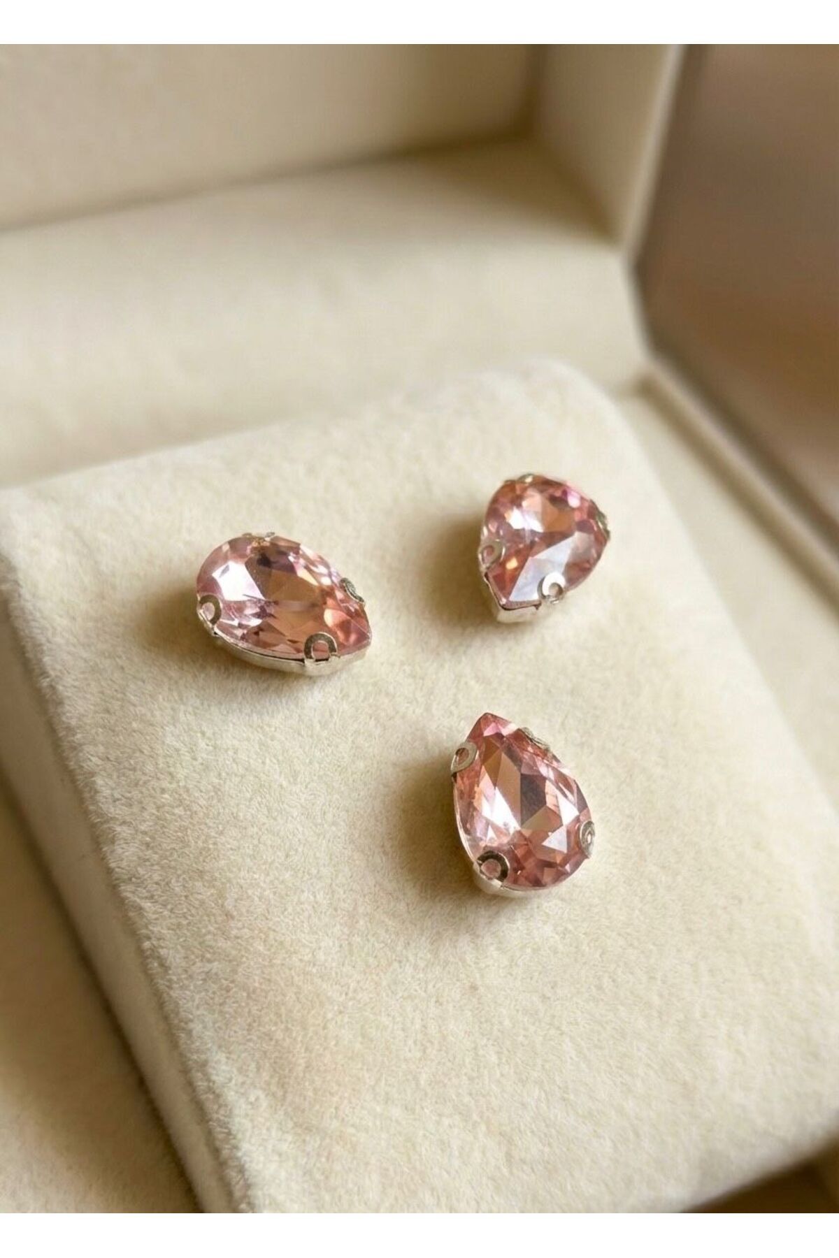 13x18mm Delikli Damla Kesim Kasalı Kristal Cam Taş - Pembe (20 Adet) - Dikmeli Boncuk