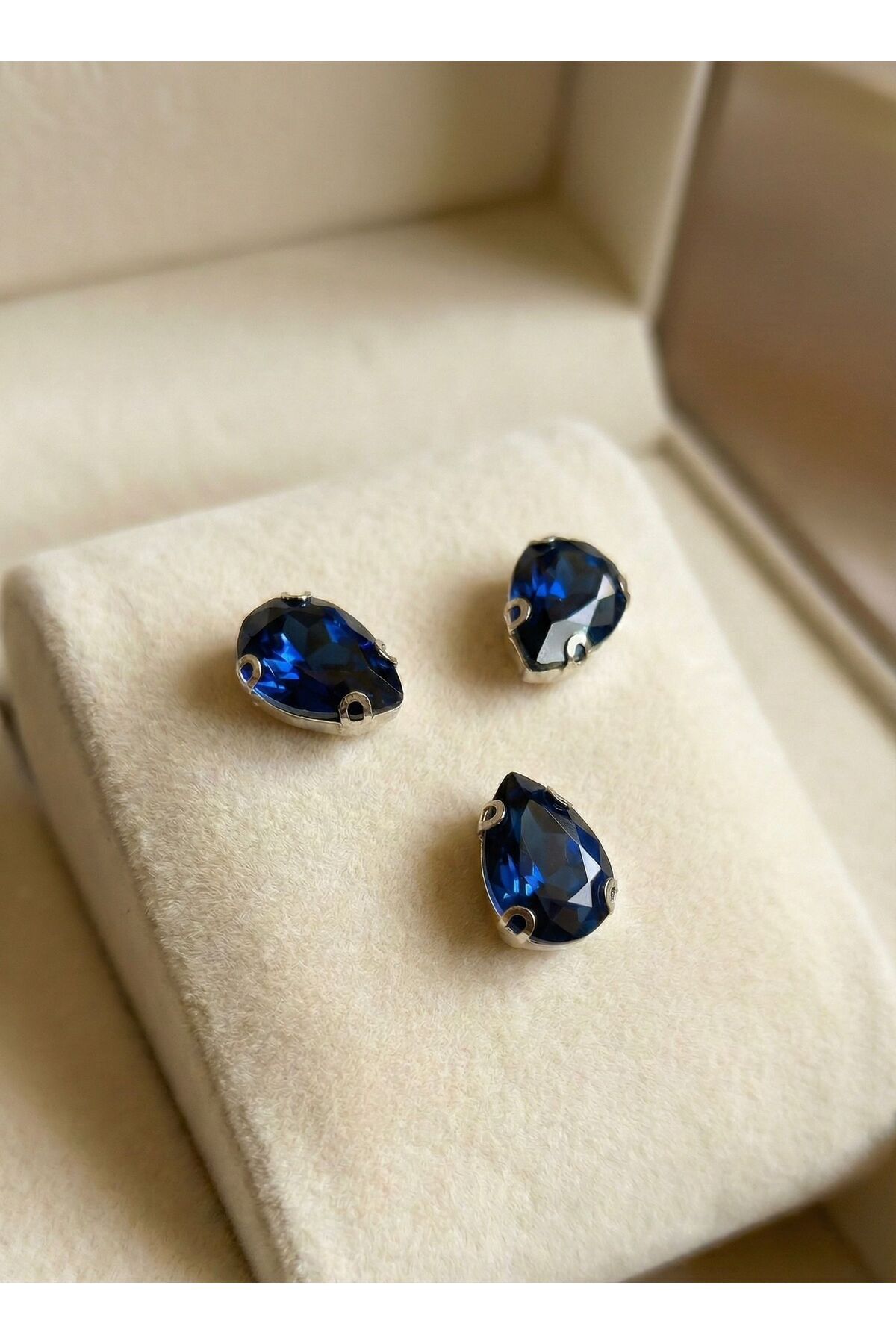 13x18mm Delikli Damla Kesim Kasalı Kristal Cam Taş - Mavi (20 Adet) - Dikmeli Boncuk