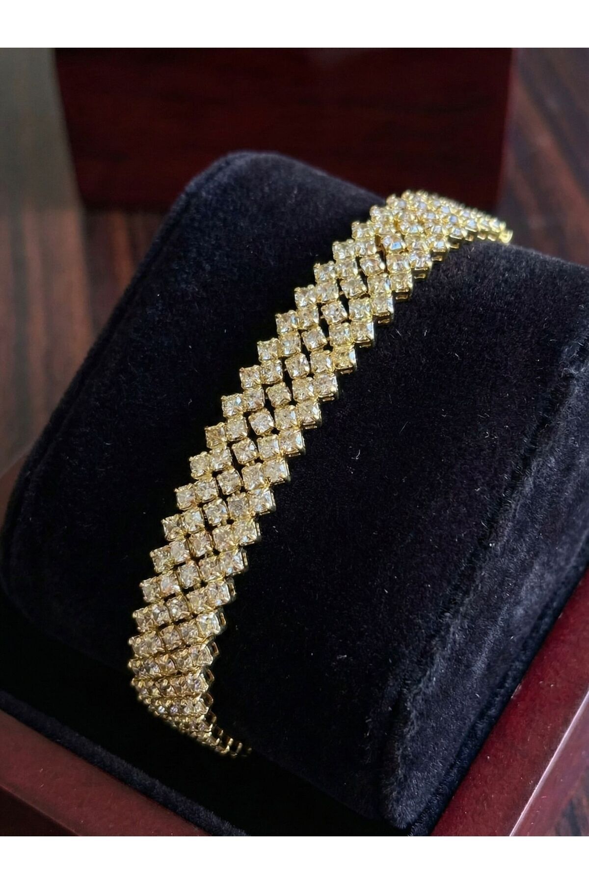 3 Sıralı Gold Taşlı Şerit - Metrelik Kristal Taşlı Süsleme Malzemesi