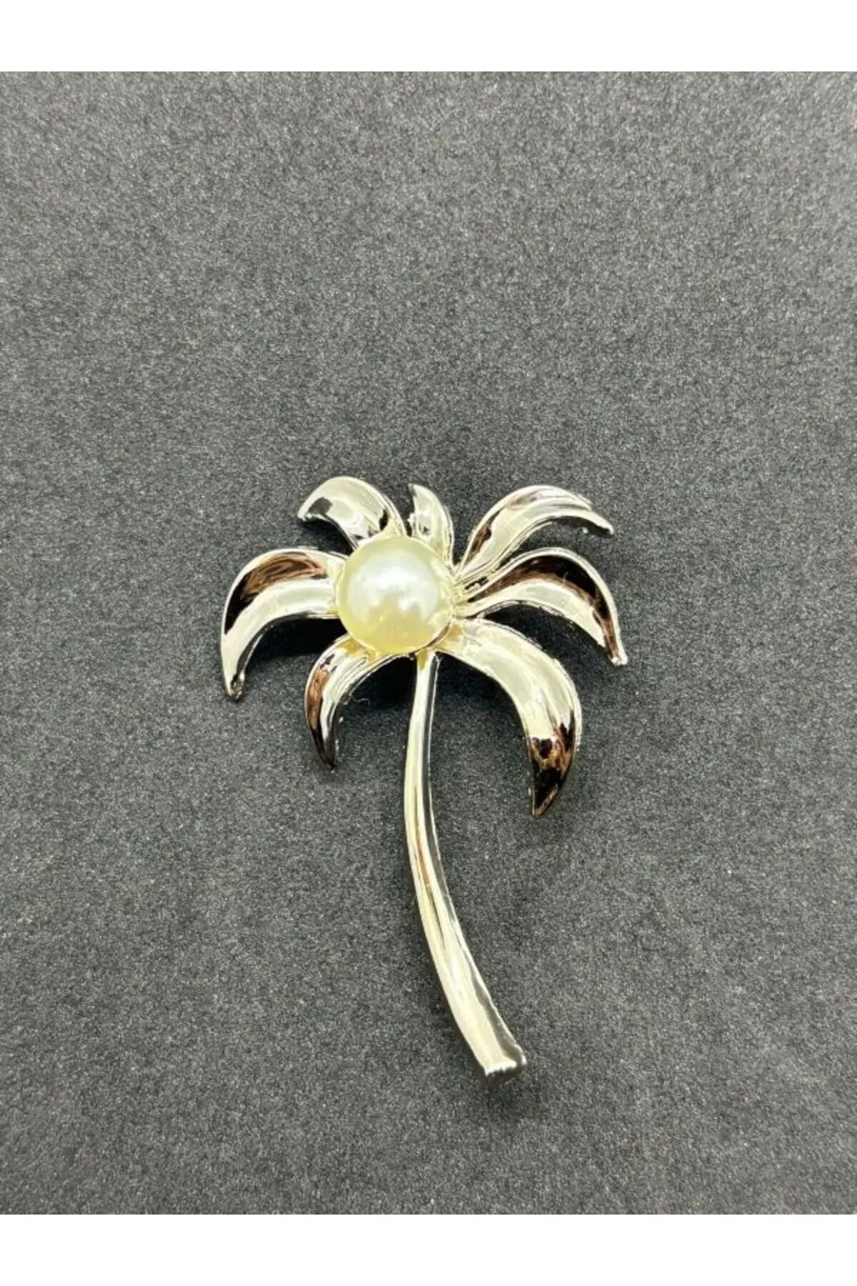 Gümüş Yapraklı Palmiye Model Çiçek Broş İnci Detay Dikme Broş 5 cm