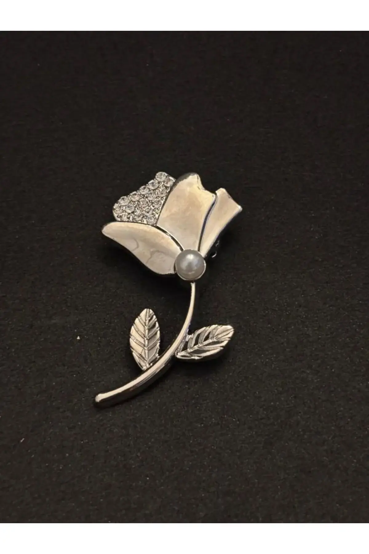 Lale Model Taşlı İnci Detay Zarif Şık Broş İğneli Broş 5 cm