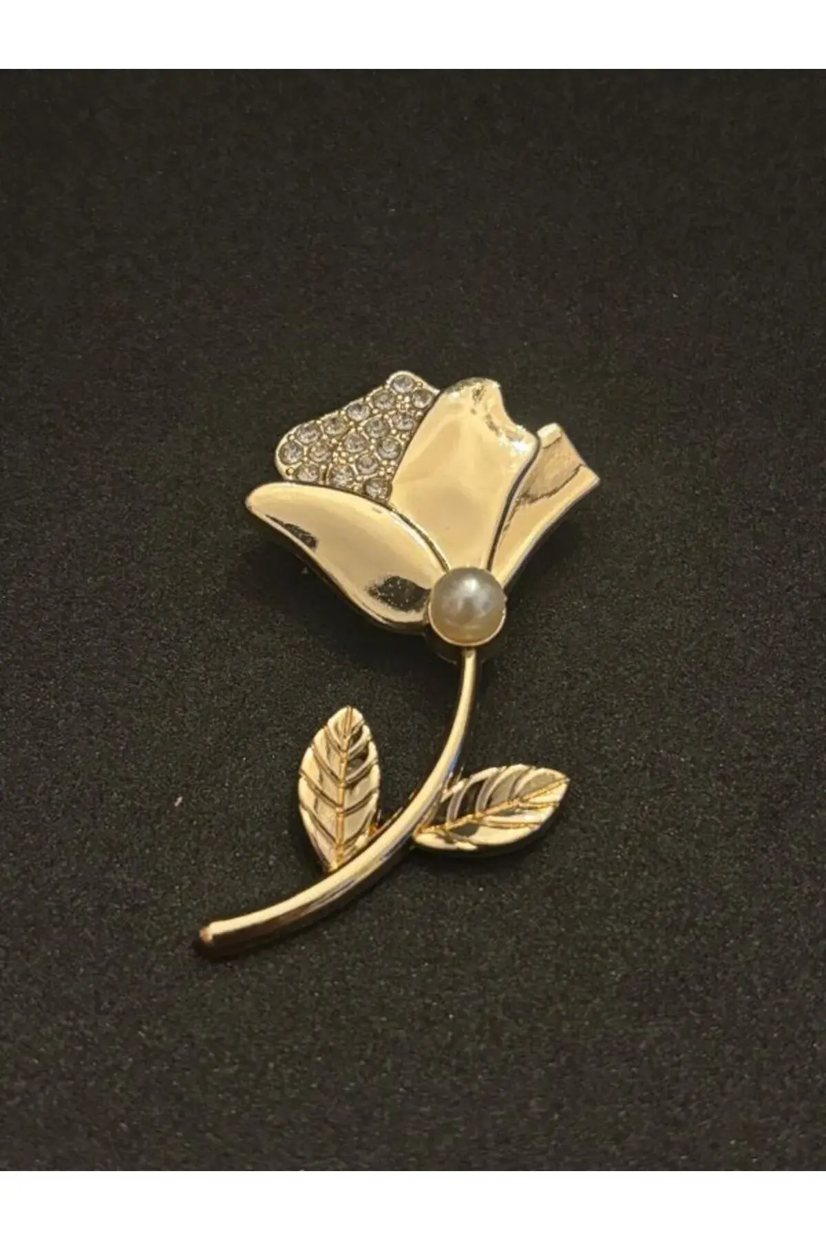 Lale Model Taşlı İnci Detay Zarif Şık Broş İğneli Broş 5 cm