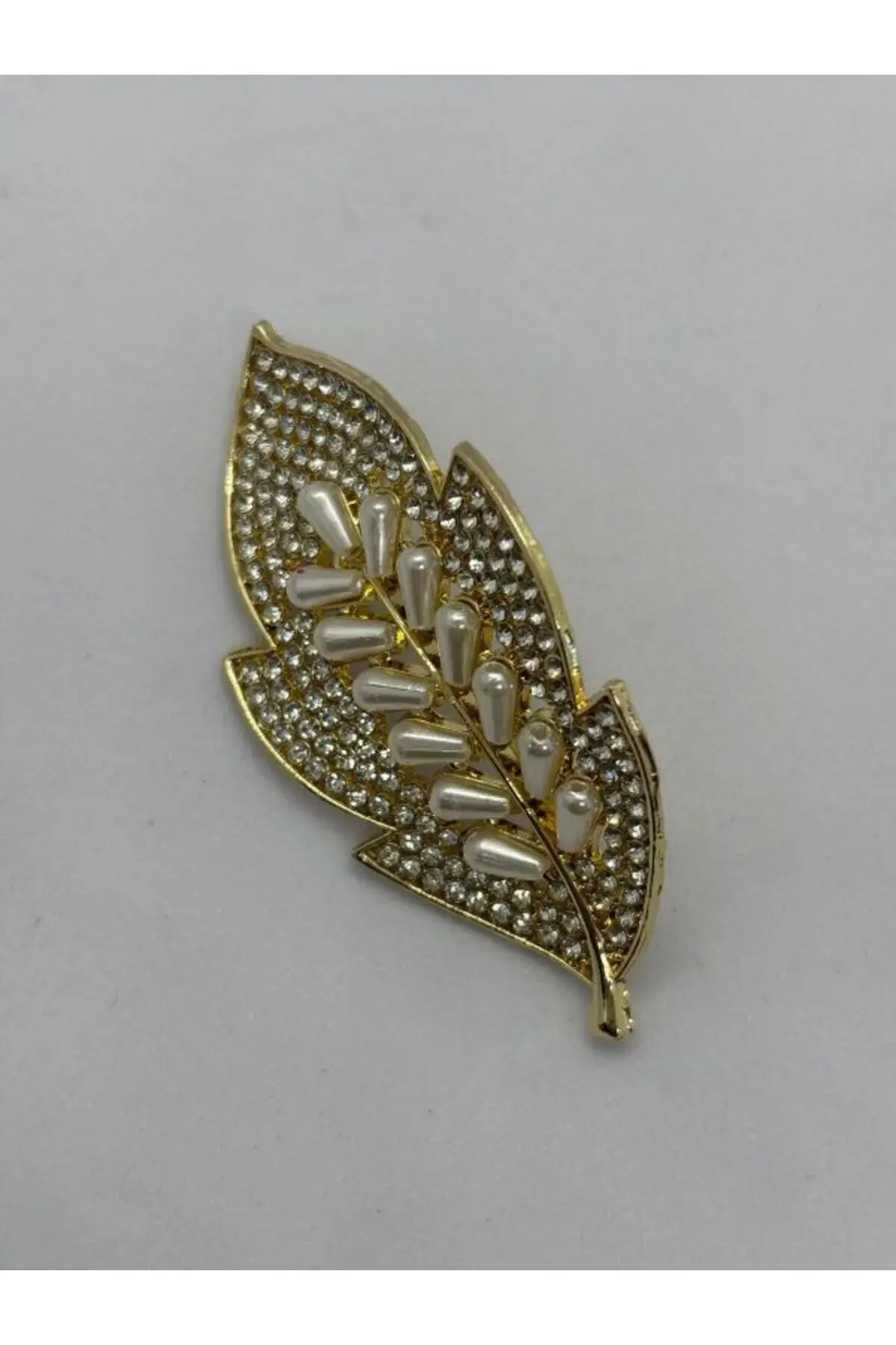 Taşlı İnci Detay Yaprak Broş İğneli Broş 6 cm