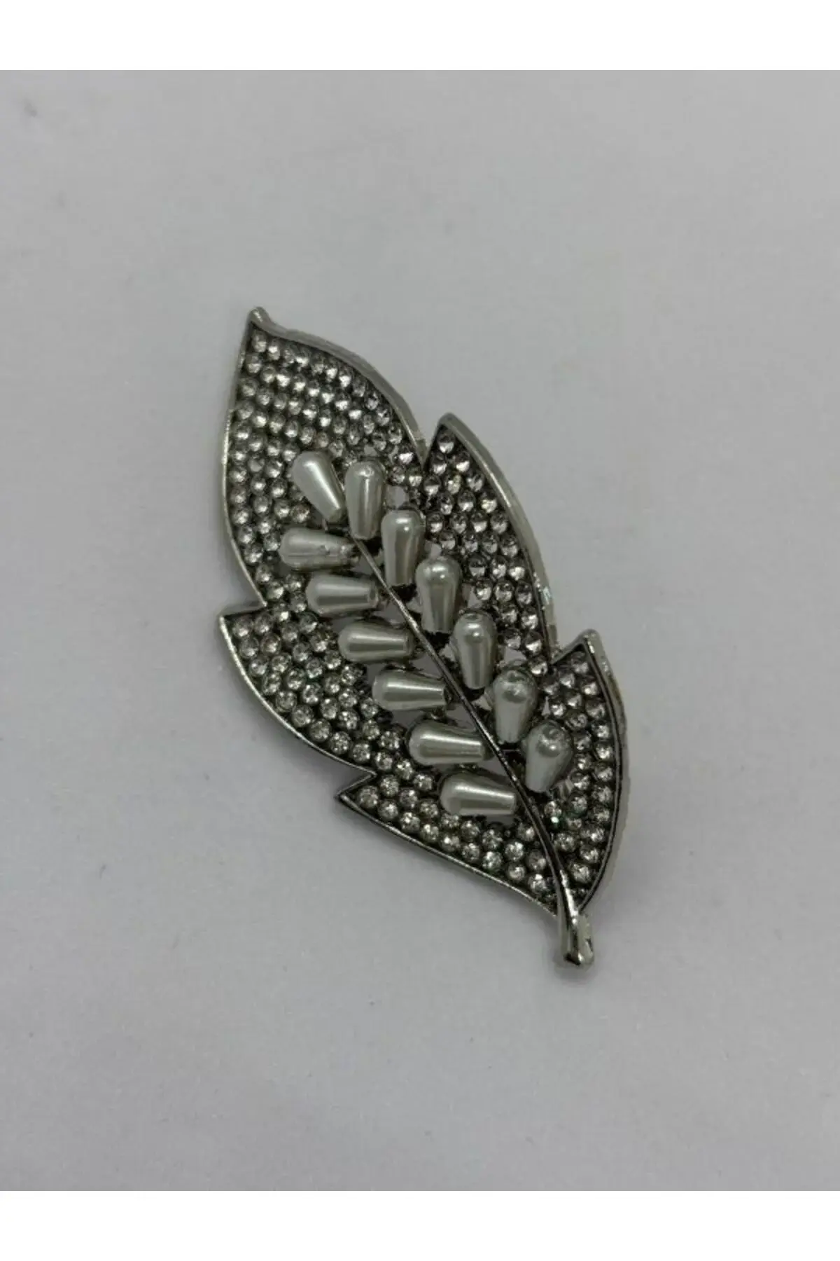 Taşlı İnci Detay Yaprak Broş İğneli Broş 6 cm