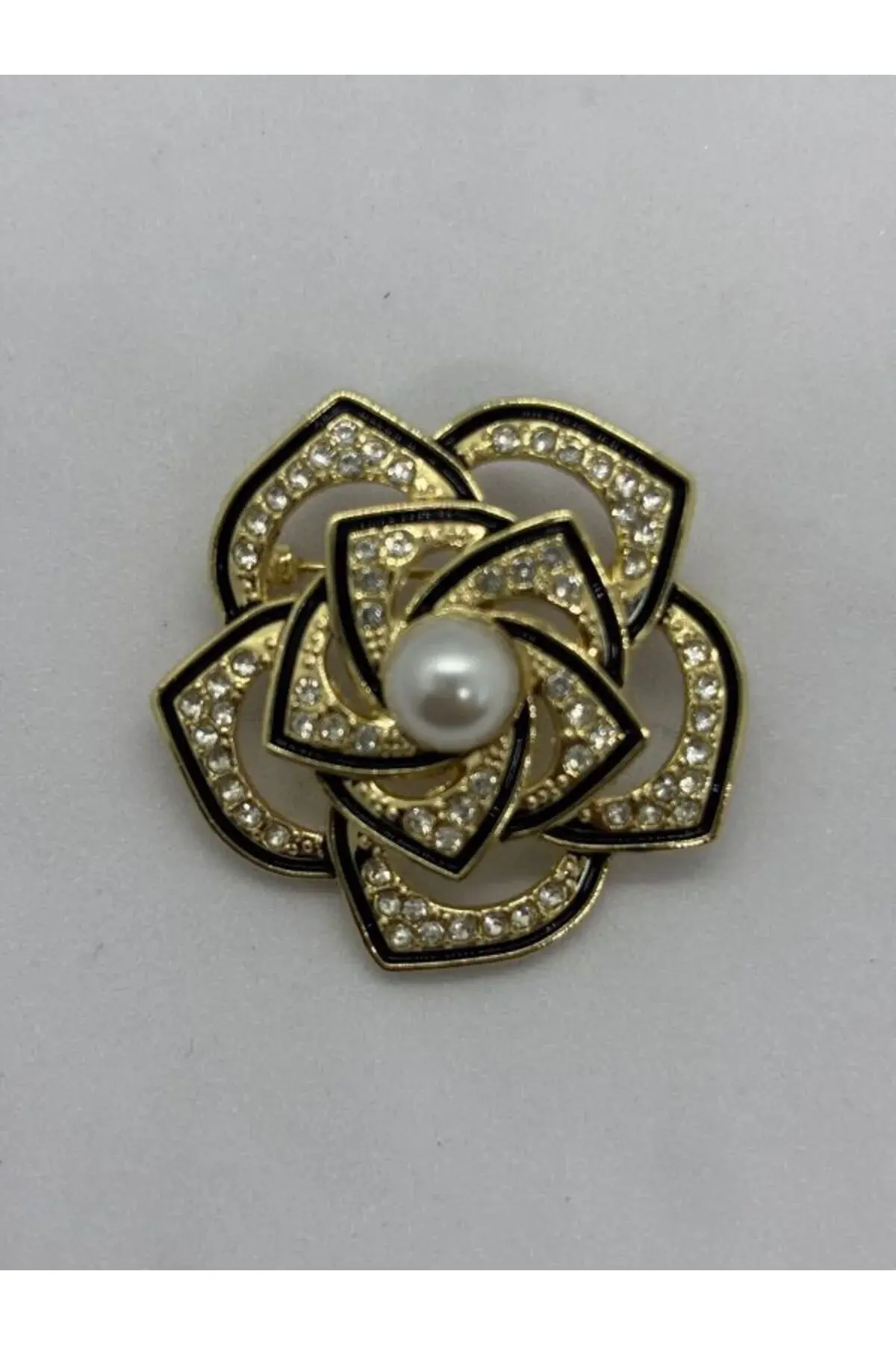 Taşlı Siyah Şerit Detay İncili Çiçek Broş İğneli Broş 3,5 cm