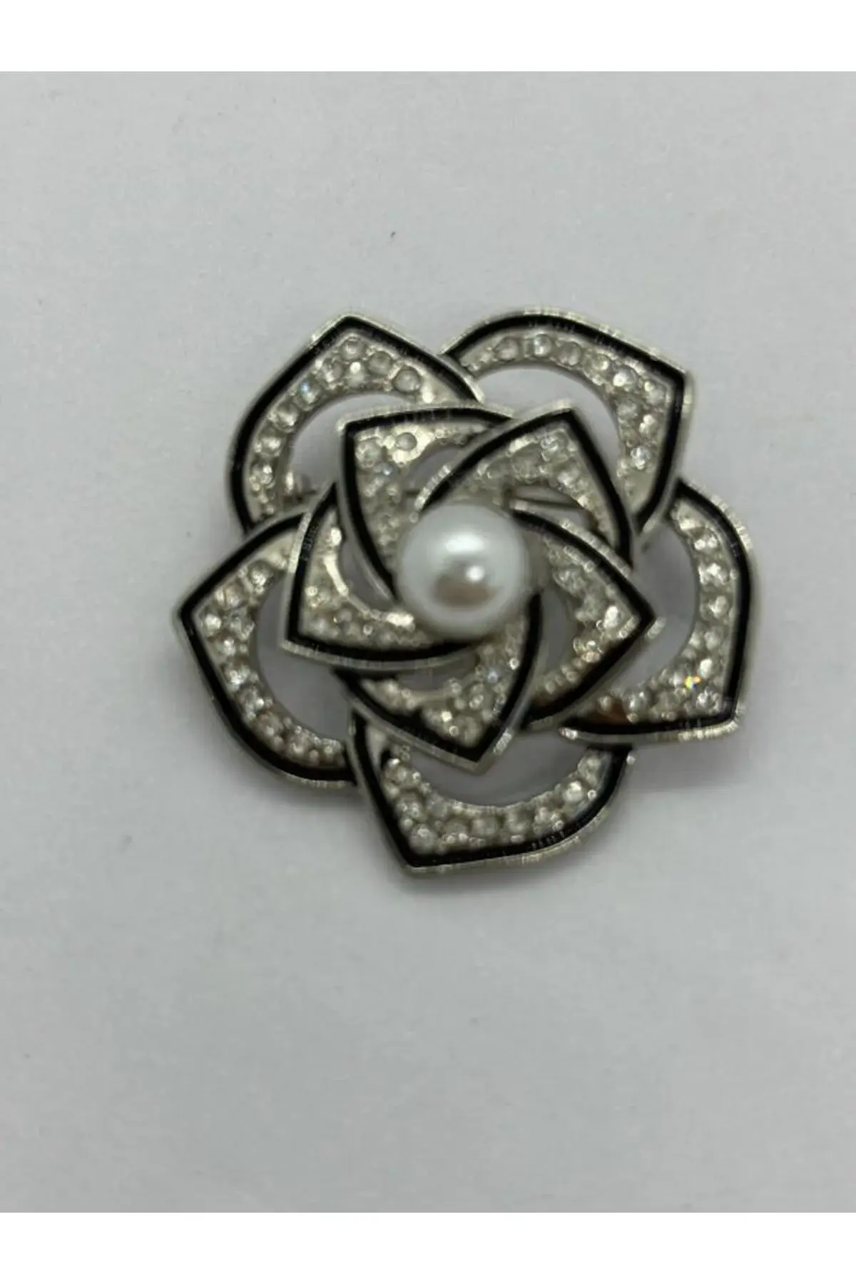 Taşlı Siyah Şerit Detay İncili Çiçek Broş İğneli Broş 3,5 cm