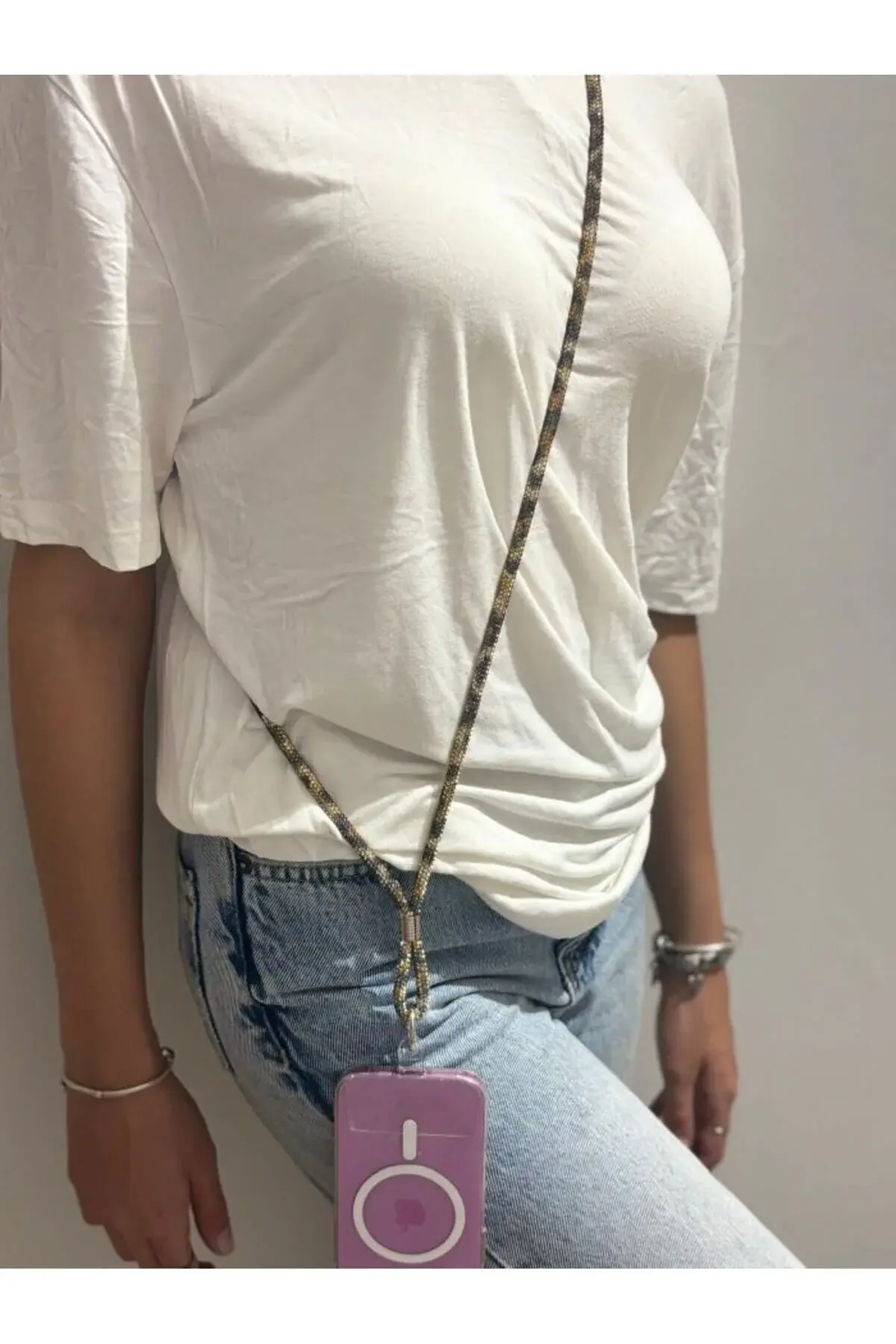 Taşlı Leopar Desenli Telefon Çapraz Boyun Askısı 130 cm.