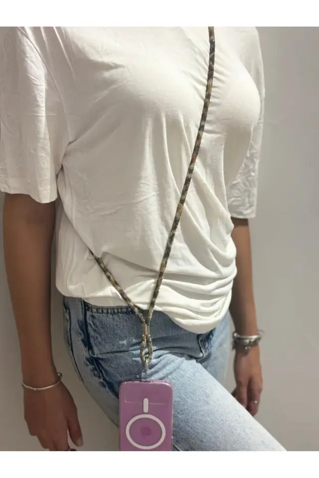 Taşlı Leopar Desenli Telefon Çapraz Boyun Askısı 130 cm.