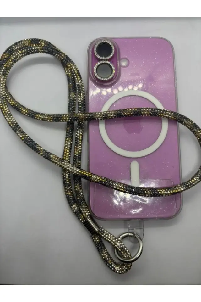 Taşlı Leopar Desenli Telefon Boyun Askısı Telefon Askısı 50 cm.