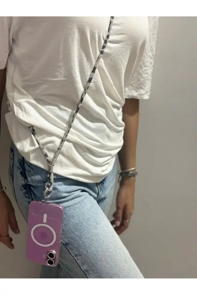 Taşlı Leopar Desenli Telefon Çapraz Boyun Askısı 130 cm.