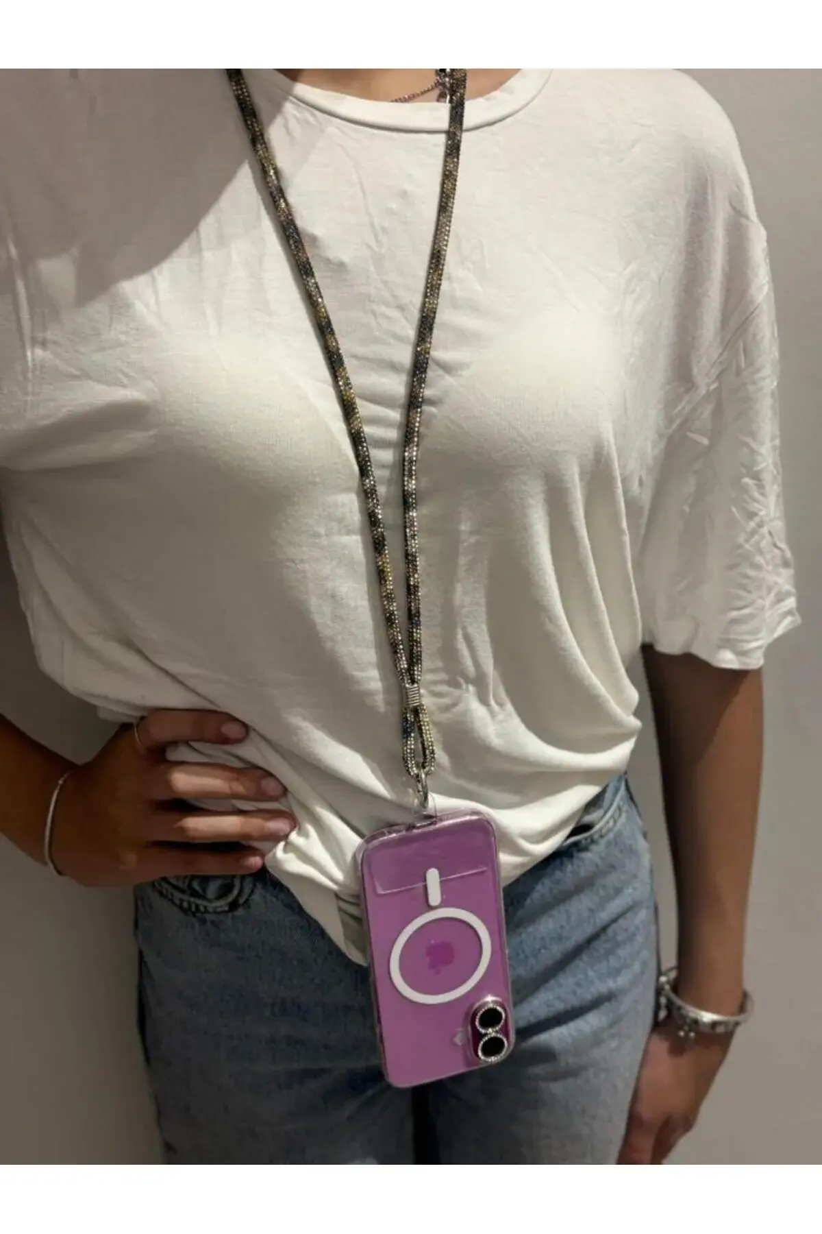 Taşlı Leopar Desenli Telefon Boyun Askısı Telefon Askısı 50 cm.