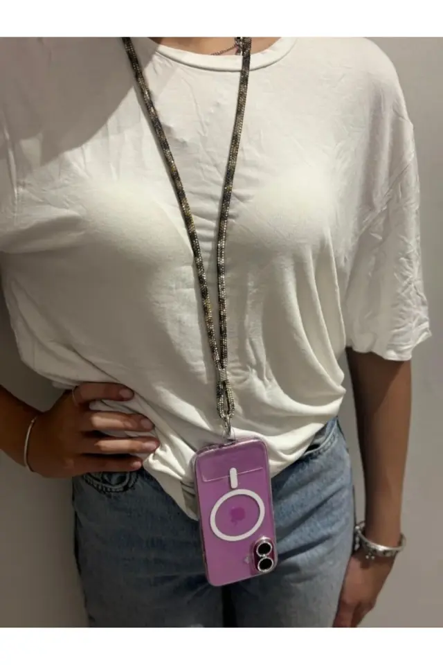 Taşlı Leopar Desenli Telefon Boyun Askısı Telefon Askısı 50 cm.