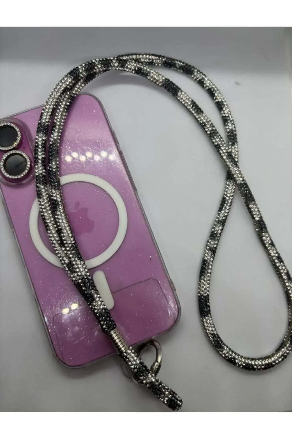 Taşlı Leopar Desenli Telefon Boyun Askısı Telefon Askısı 50 cm.