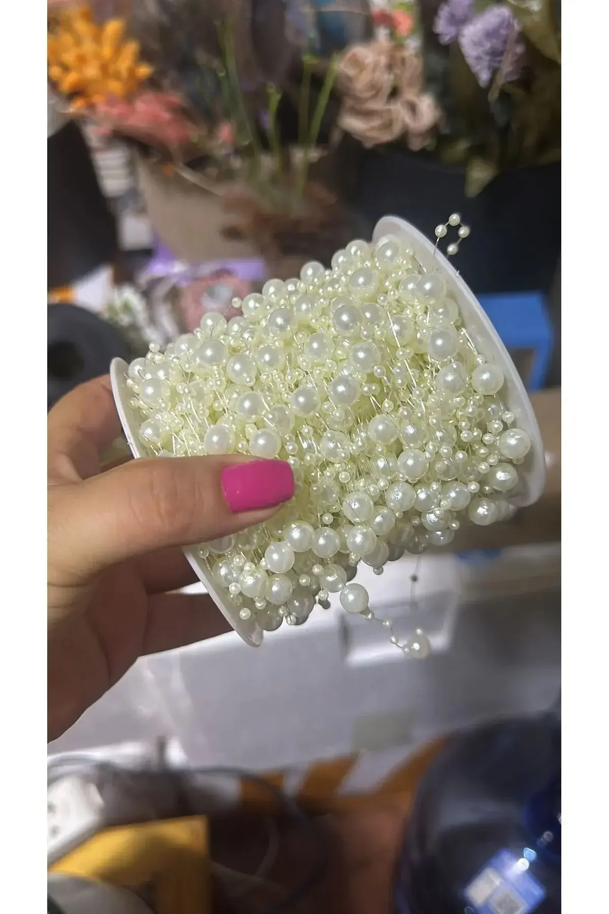 2 Metre Misinalı İp İnci Boncuk dizesi Krem Rengi