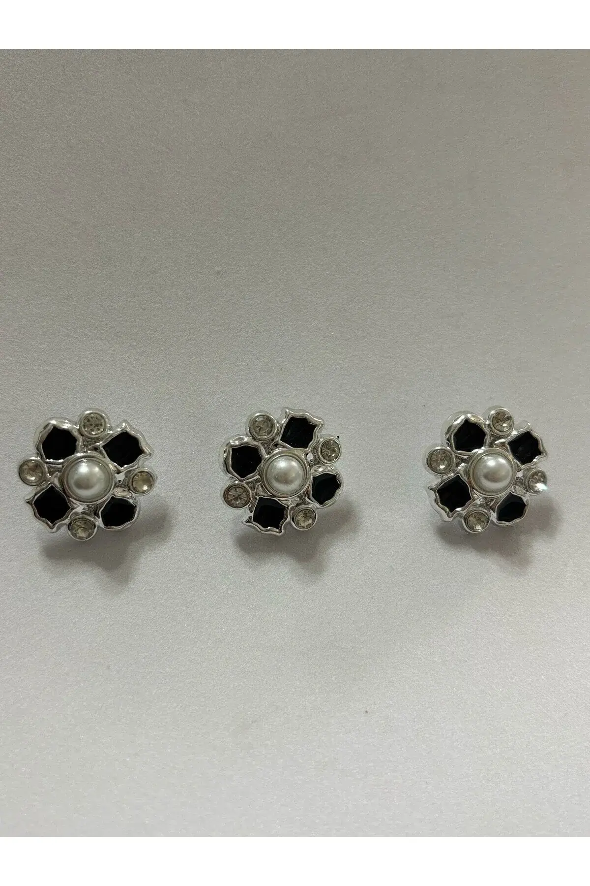 3'lü Tasarım Düğme 2.5 cm Siyah Sedef, Beyaz Taş ve İnci Detaylı Düğme BD23